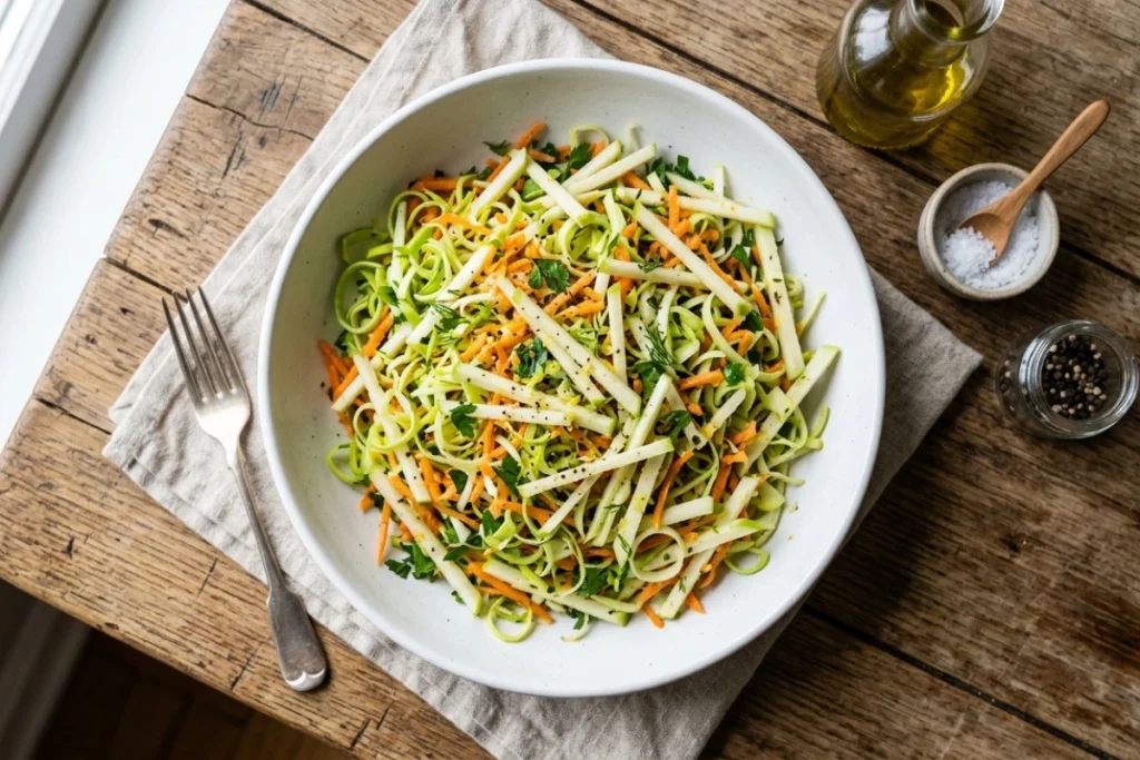 Preisalade voor bij het diner - met wortel en appel. Smaak verrijkt met augurk